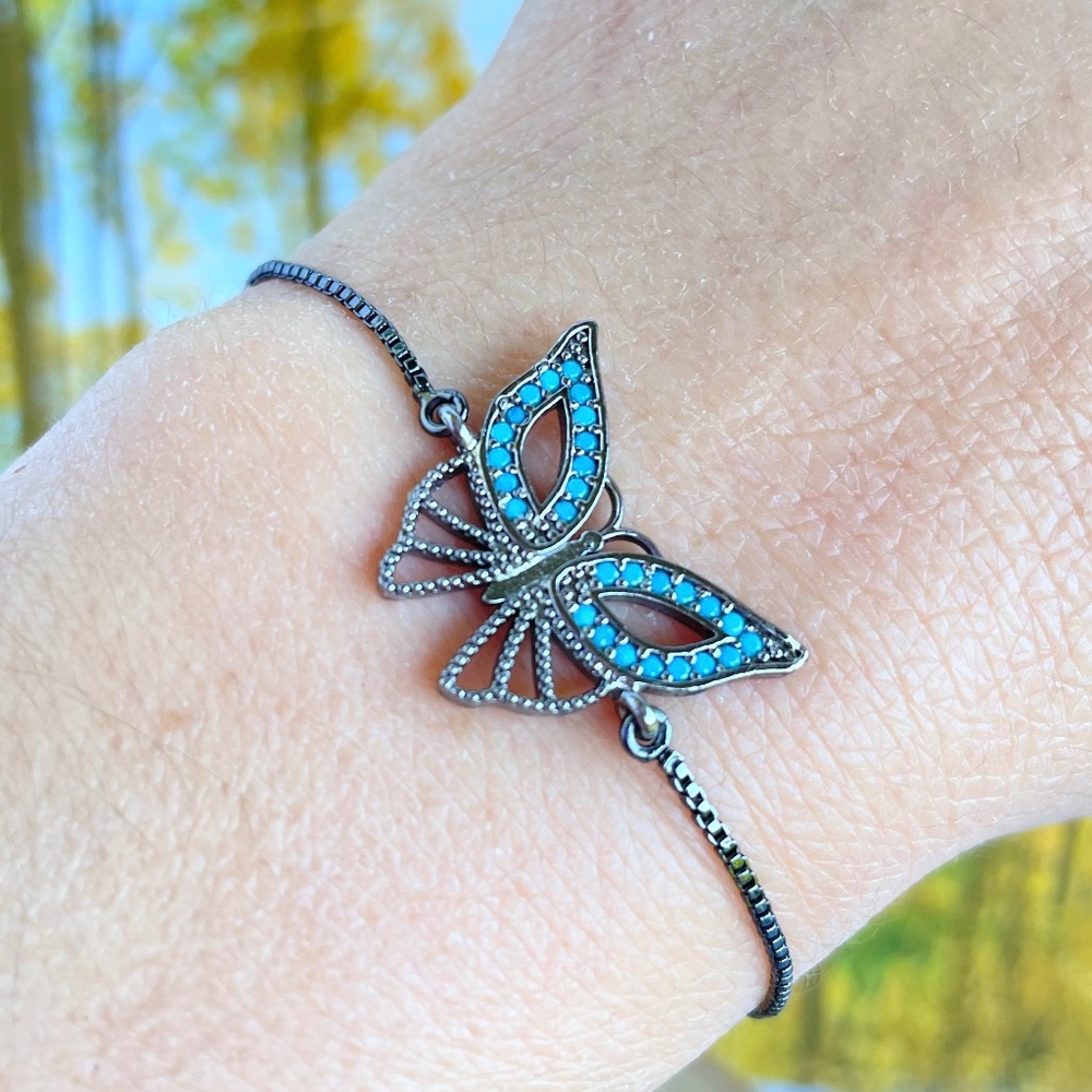 #65 Blue Butterfly CZ Adjustable Bolo Style Handmade Bracelet
